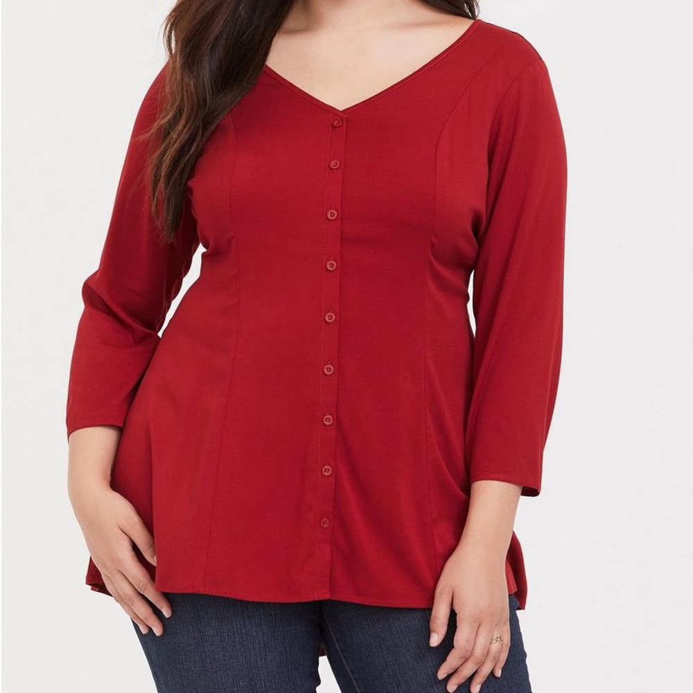 Torrid 4X Red Fit & Flare Tunic Blouse Button Front Hi Low Stretch Challis